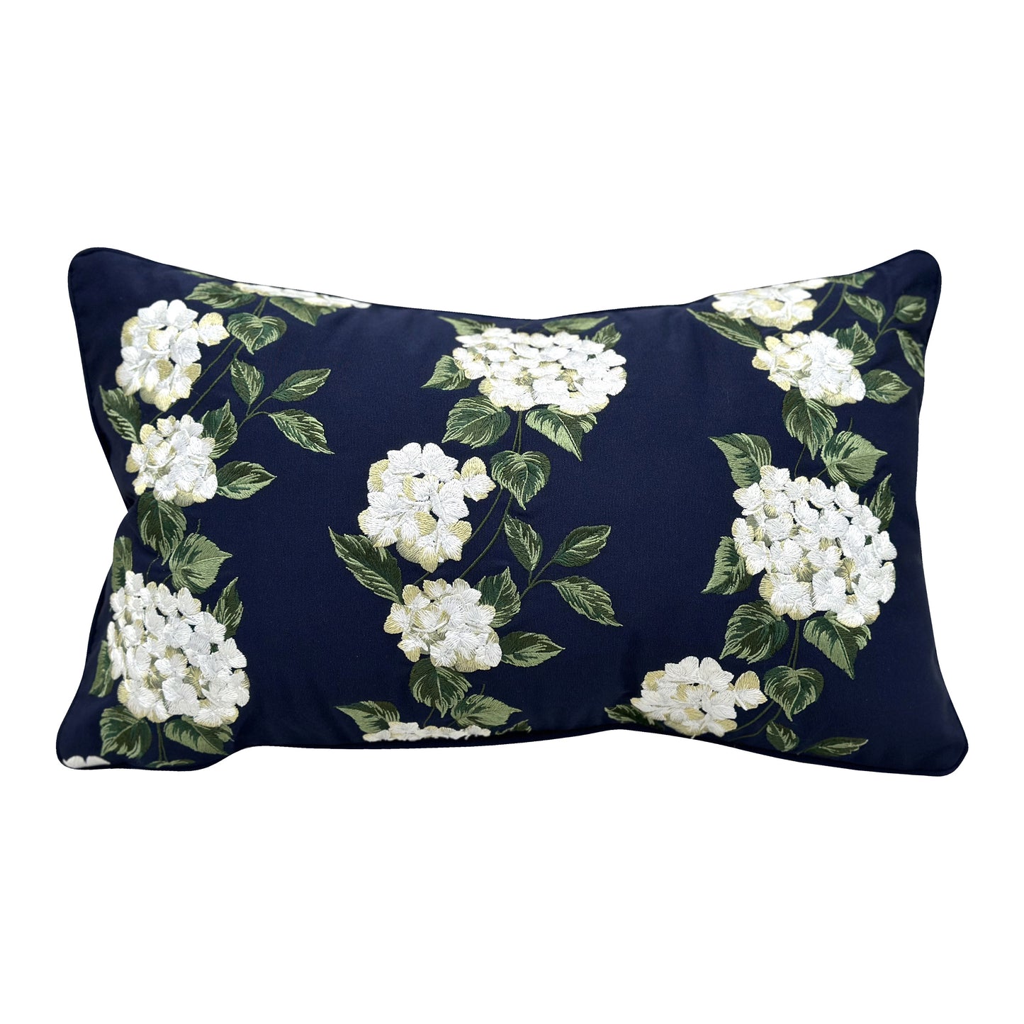 White hydrangea blooms with green leaves embroidered on a navy blue background.