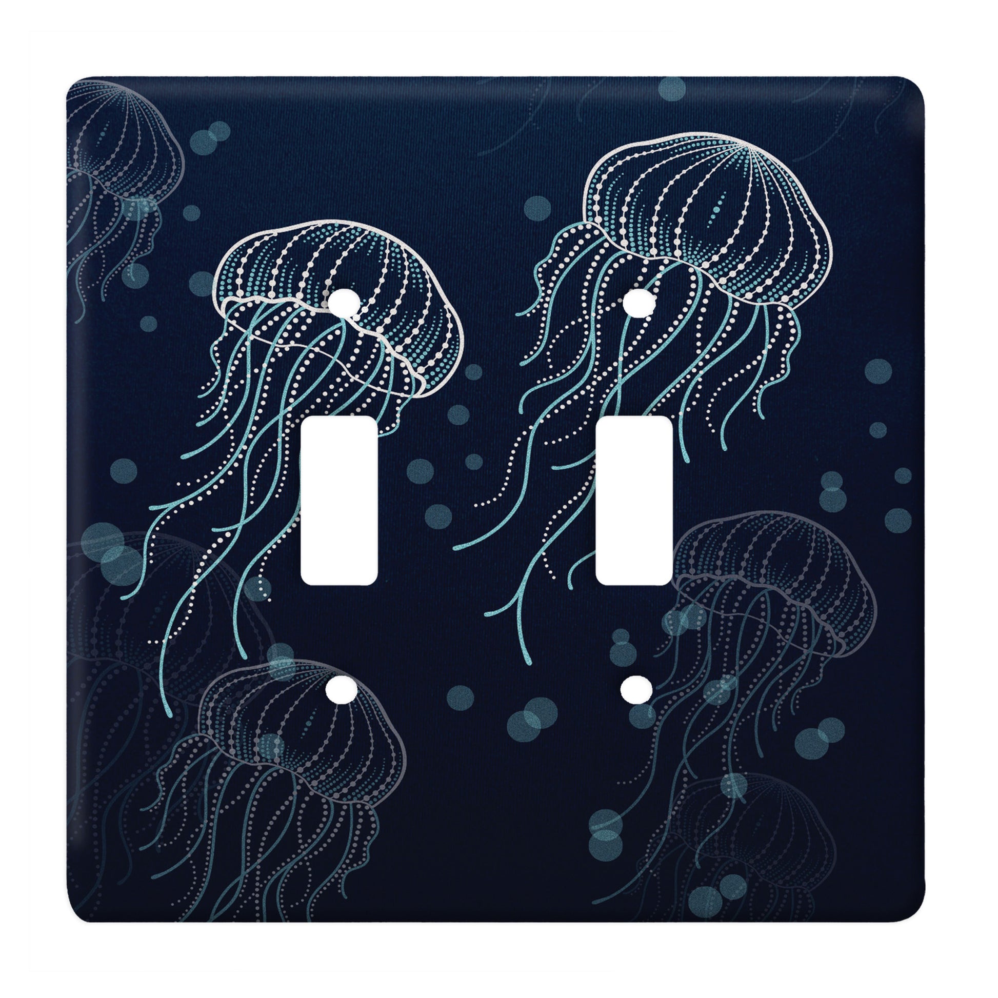 navy ceramic double toggle switch plate featuring blue jellyfish patterns.