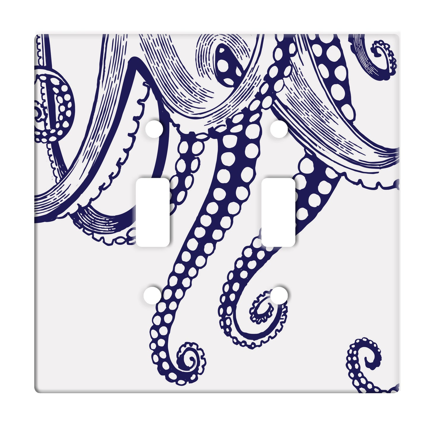 white ceramic double toggle switch plate featuring navy octopus tentacles.
