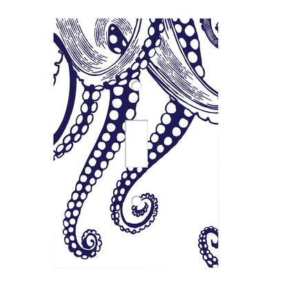 white ceramic single toggle switch plate featuring navy octopus tentacles.