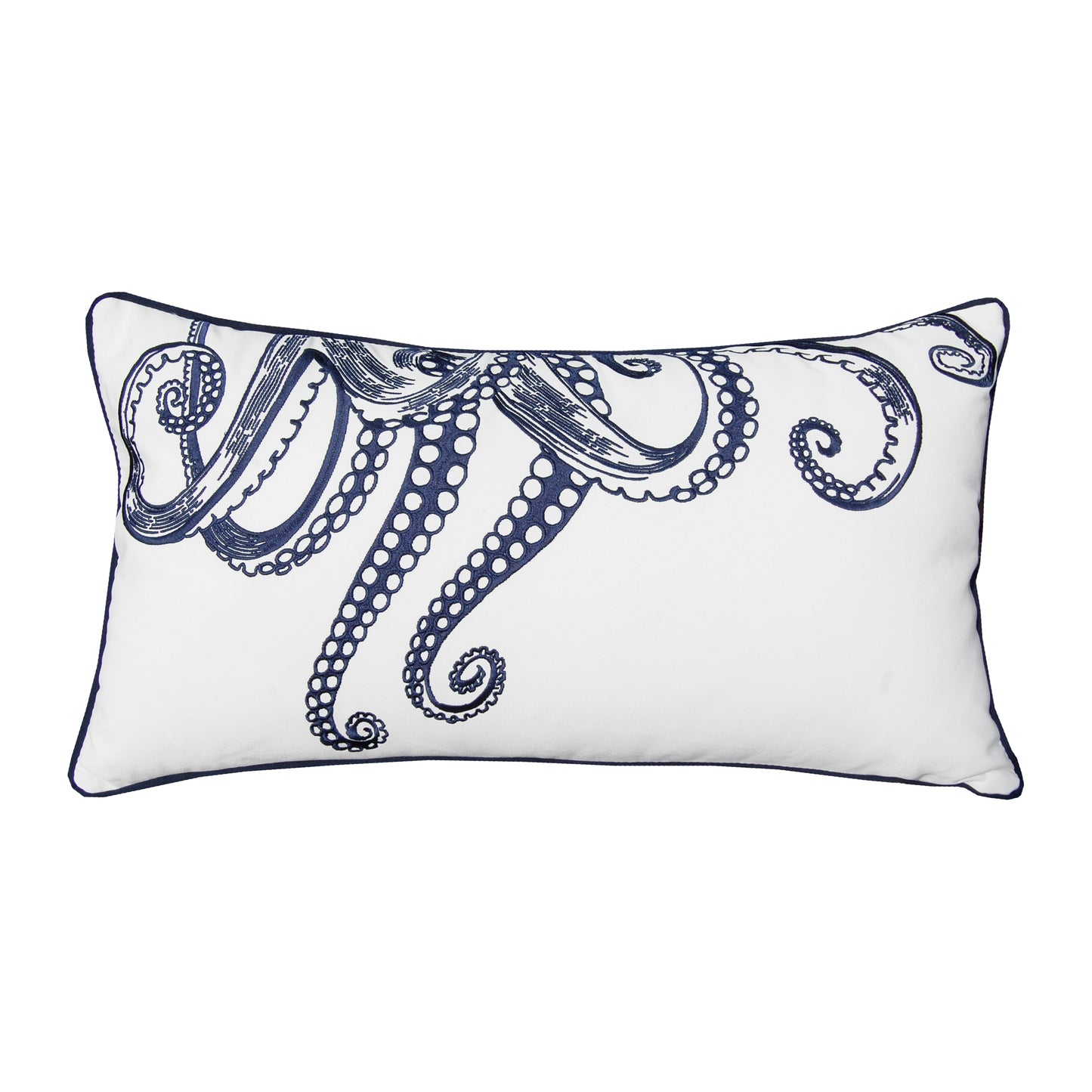 Navy blue octopus tentacles embroidered on a white background. Pillow finished with navy blue piped edging.