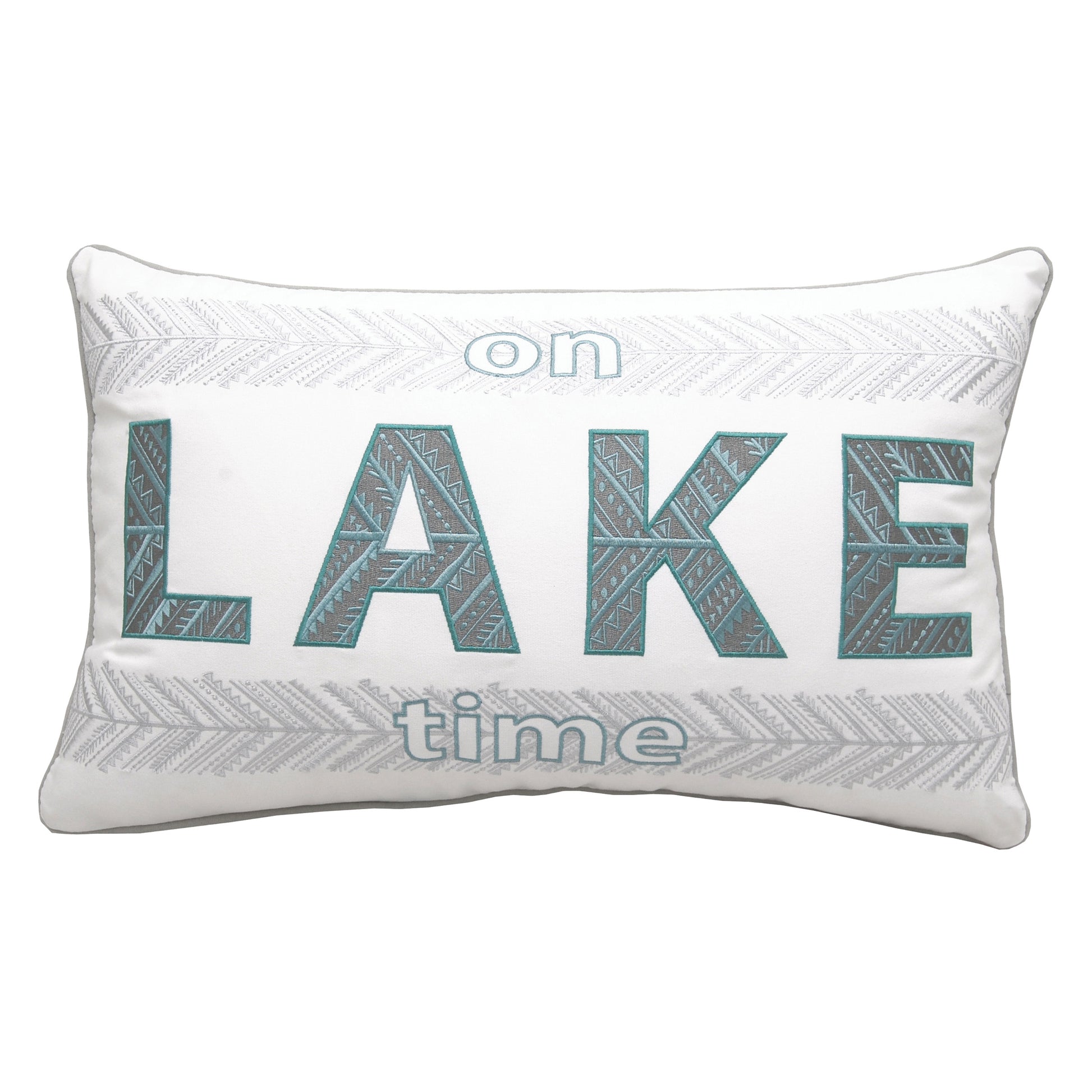 The sentiment "On Lake Time" embroidered in teal and grey on a white background.