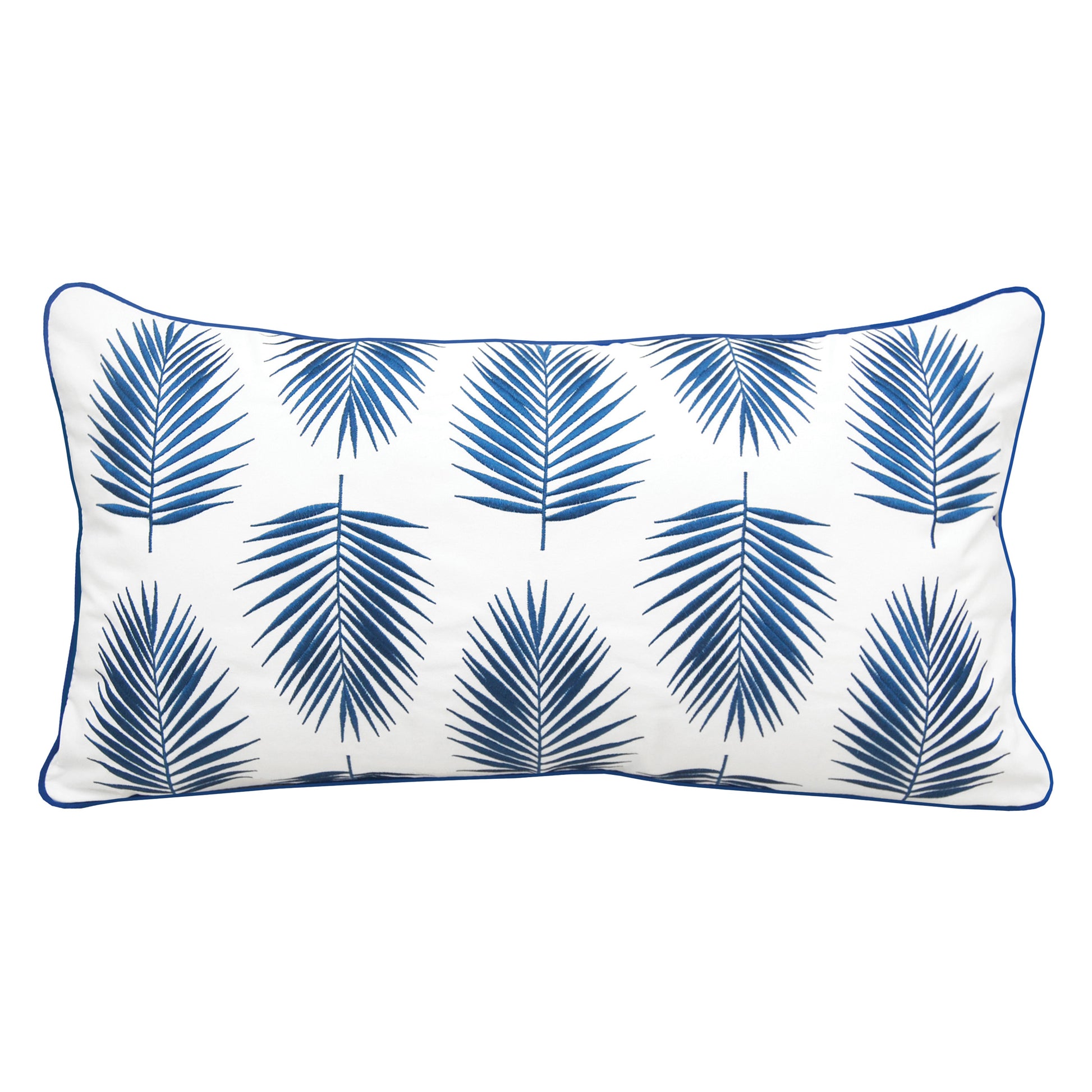 Alternating blue palms embroidered on a white background. Pillow is finished with a blue piped edging.