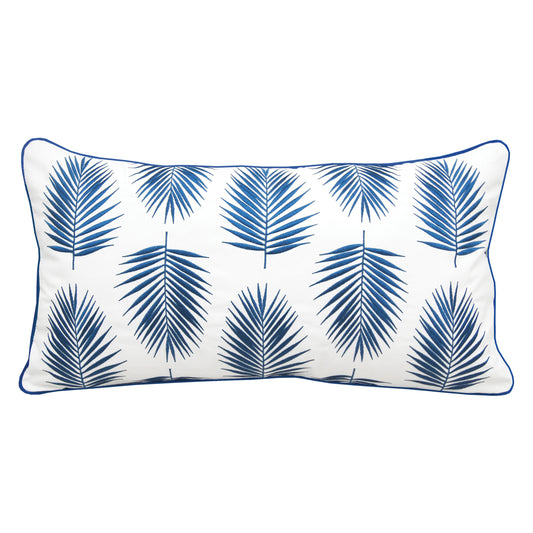 Alternating blue palms embroidered on a white background. Pillow is finished with a blue piped edging.