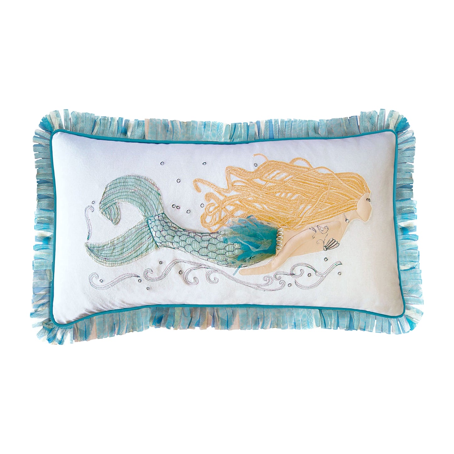 Pearl of the Sea Mermaid pillow features an embroidered, blonde-haired, mermaid with fringed edges.