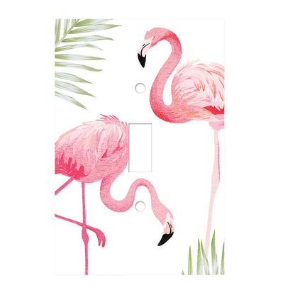white ceramic single toggle switch plate featuring two pink flamingos and green palm leaves.
