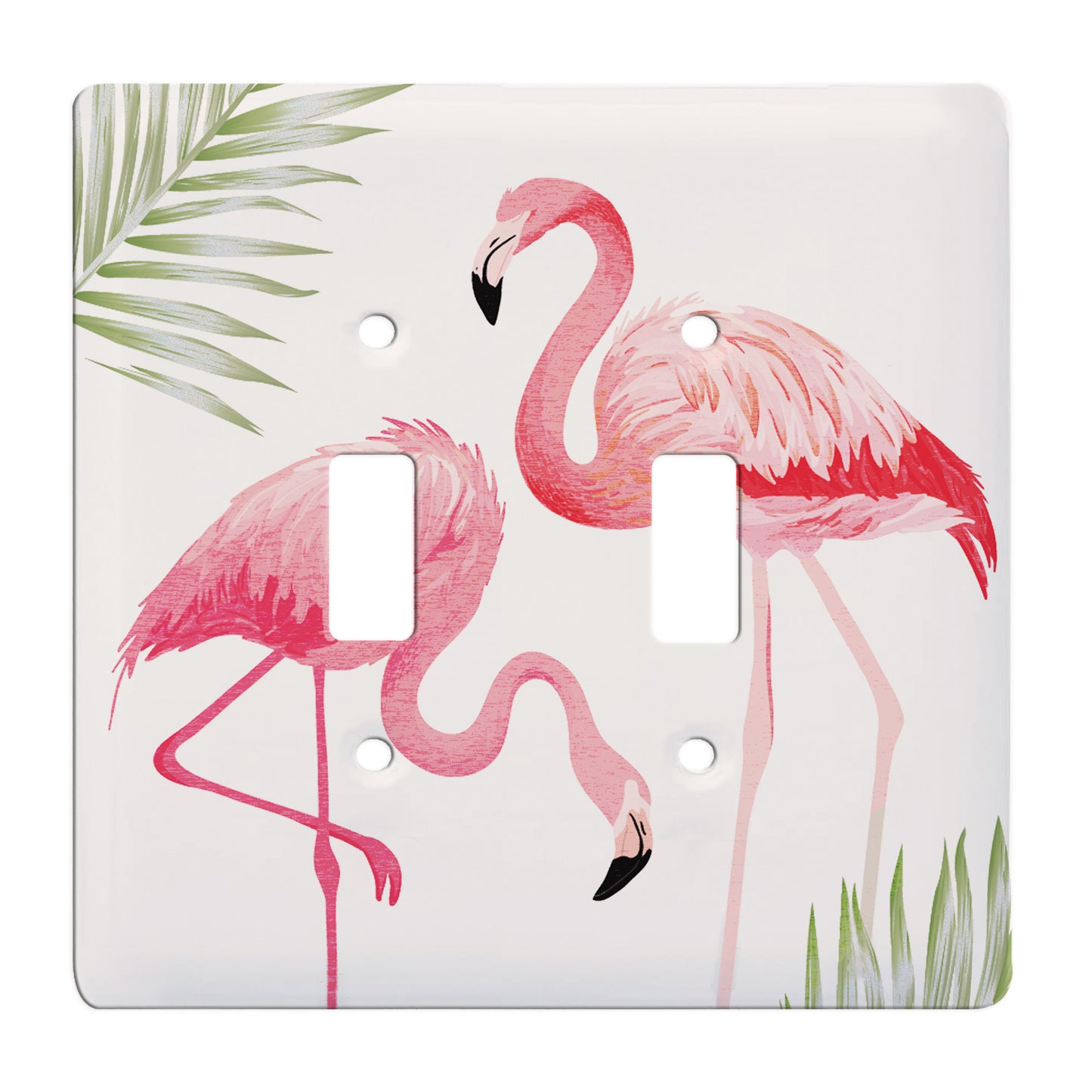 white ceramic double toggle switch plate featuring two pink flamingos and green palm leaves.