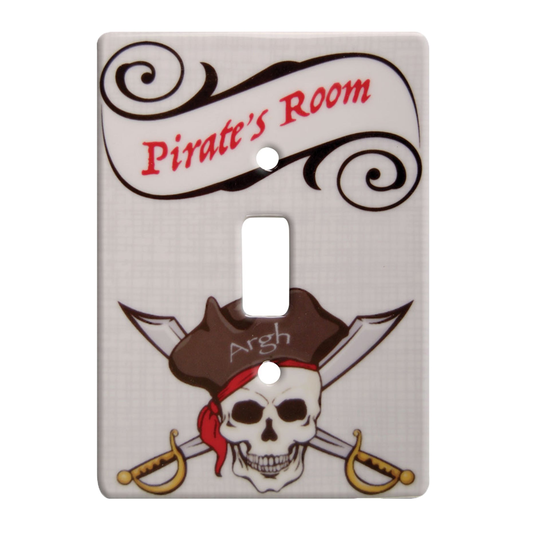 ceramic single toggle switch plate featuring a skull wearing a pirate's hat that reads "argh", and have two swords crossing behind it. also in red font at the top of the plate reads "Pirate's room".