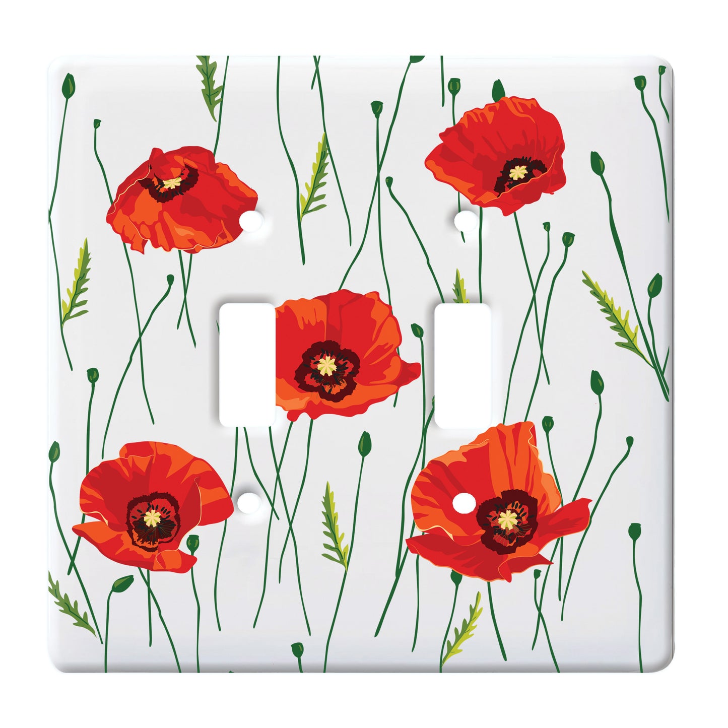 white ceramic double toggle switch plate featuring red poppy flowers.