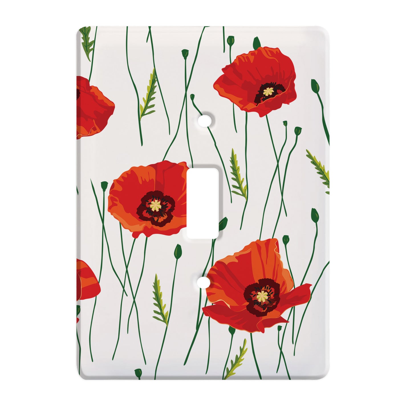 white ceramic single toggle switch plate featuring red poppy flowers.