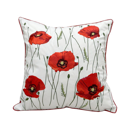 Five blooming red poppies amongst stems embroidered on a white background. Pillow finished with red piped edging.