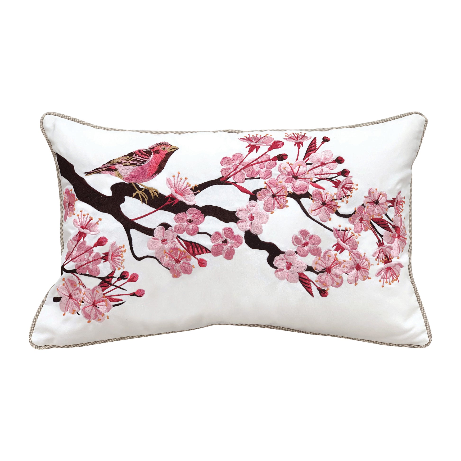 Purple finch sitting on a cherry blossom branch embroidered on a white background. Pillow finished with grey piped edging.