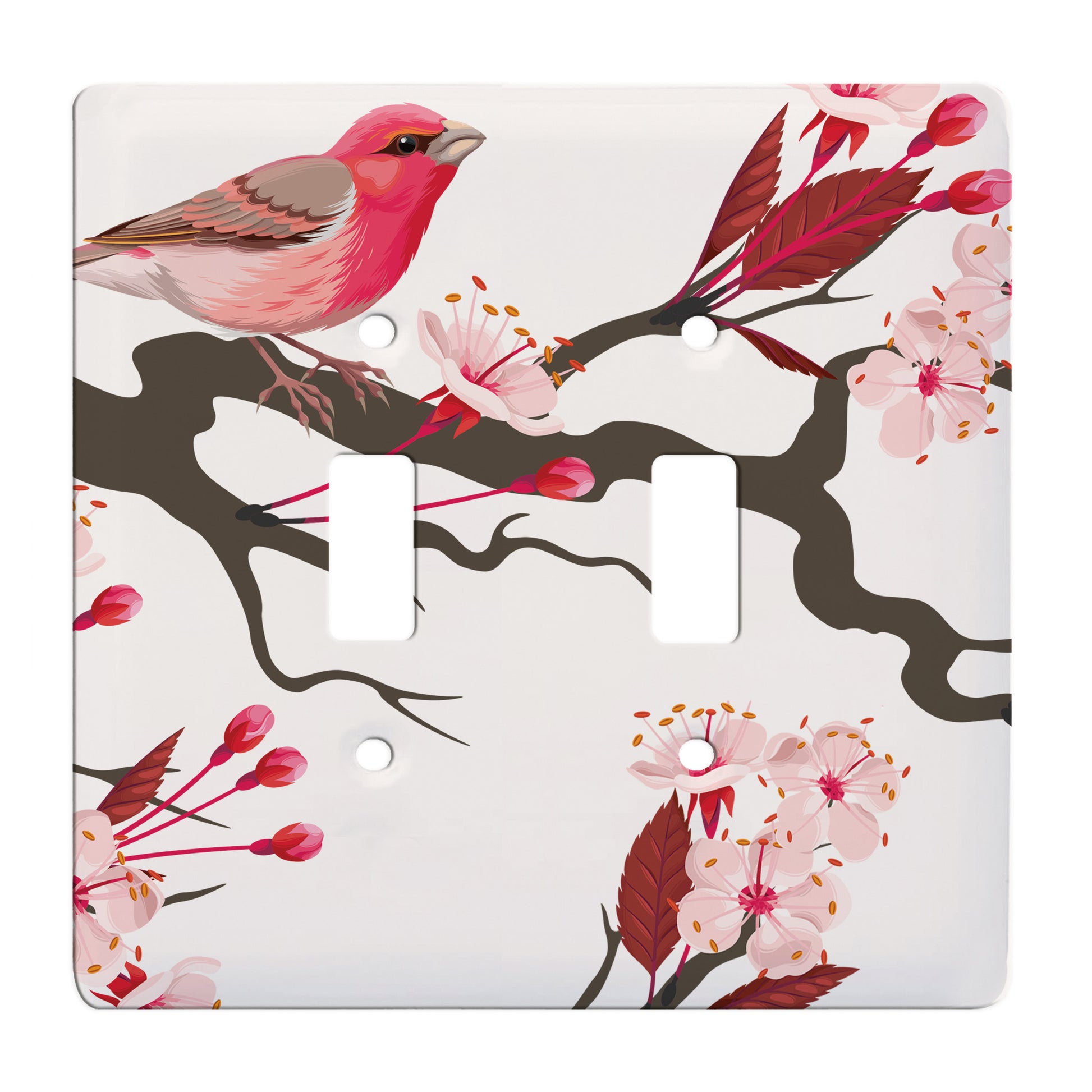 white ceramic double toggle switch plate featuring a finch sitting upon a tree branch with blossom flowers.