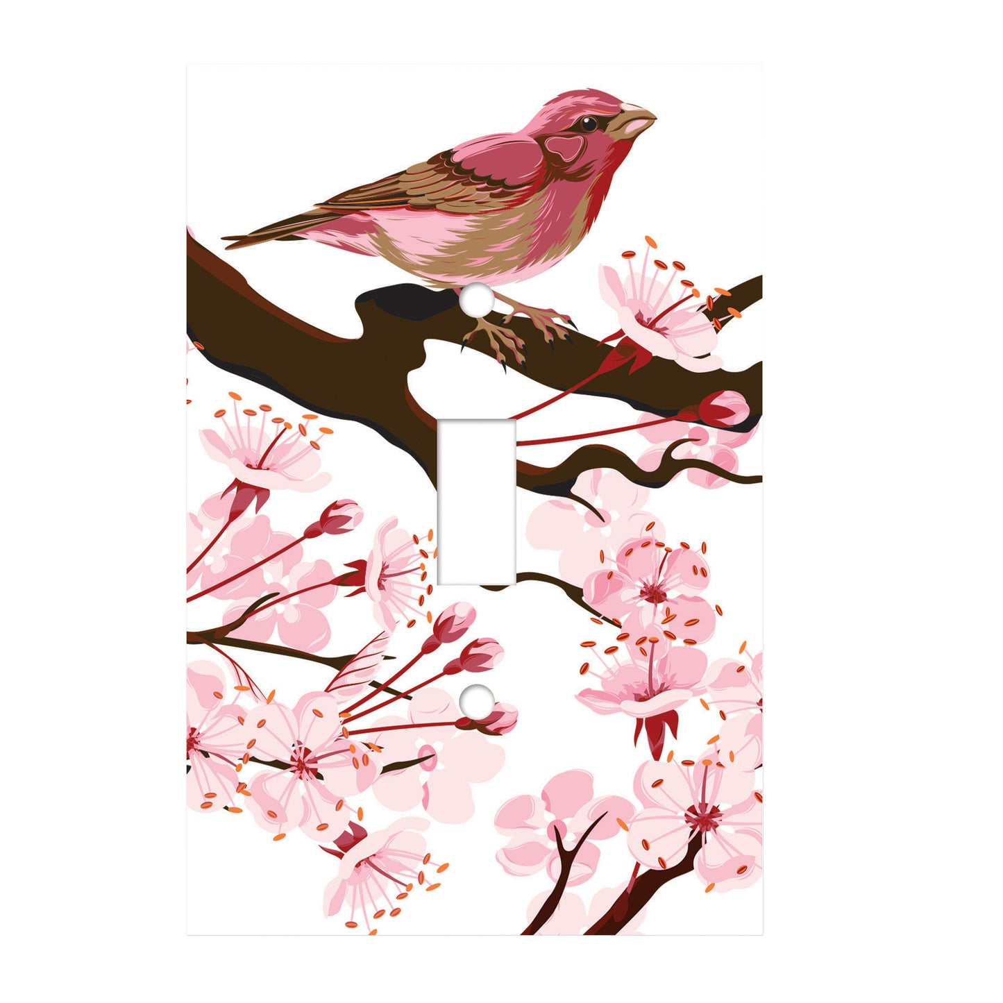 white ceramic single toggle switch plate featuring a finch sitting upon a tree branch with blossom flowers.