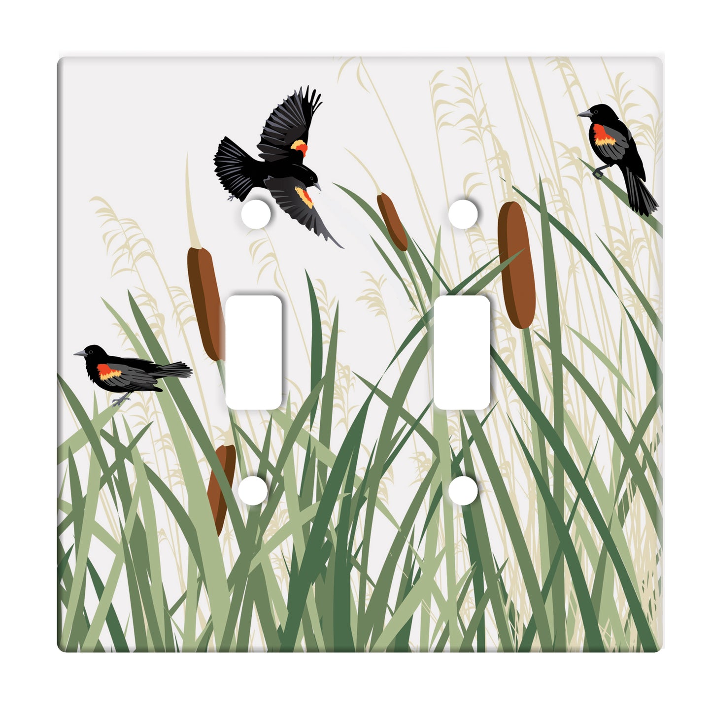 ceramic double toggle switch plate featuring reeds with cattails. sitting upon them and flying above them are blackbirds with red wings.