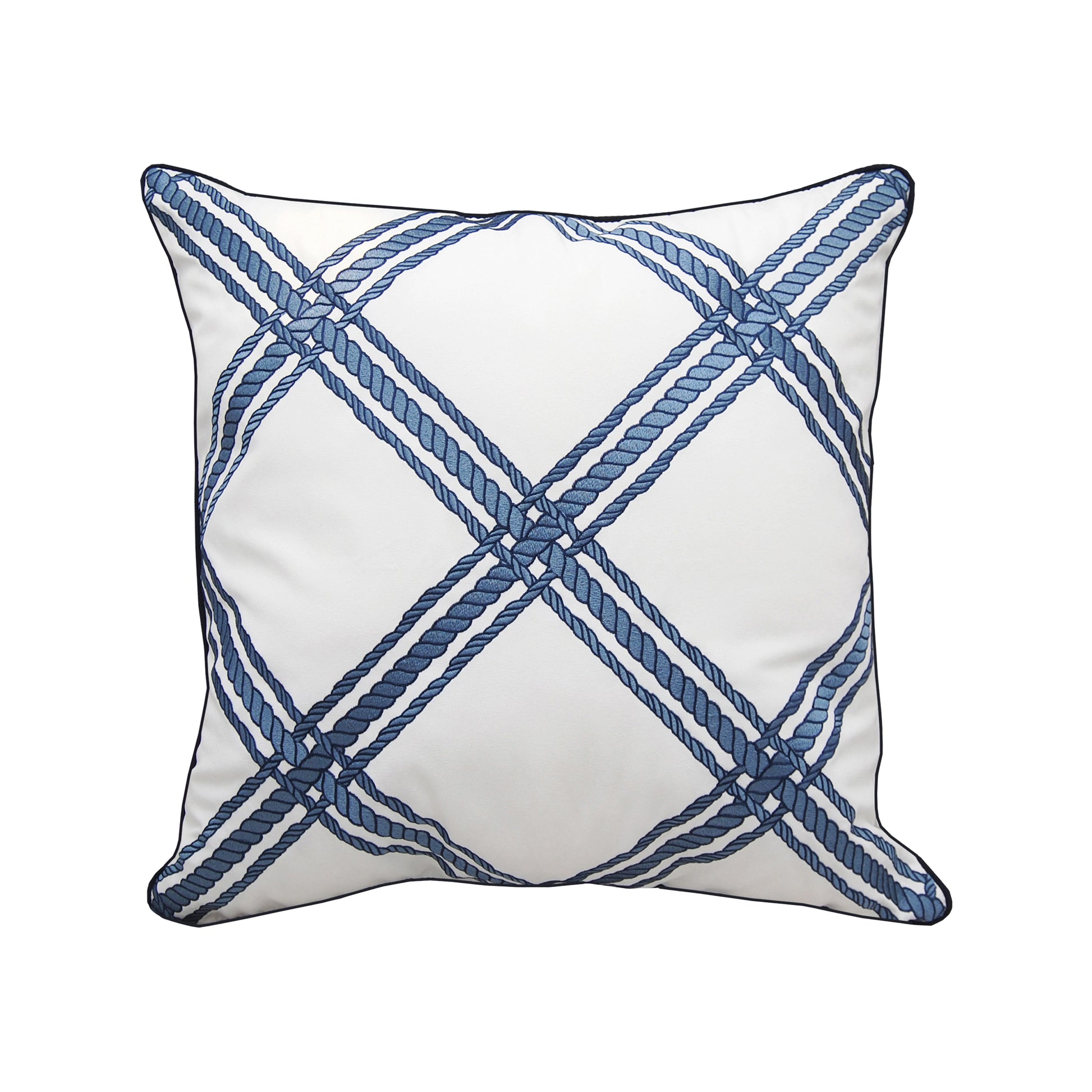 Blue rope lattice pattern embroidered on a white background. Pillow finished with blue piped edging.