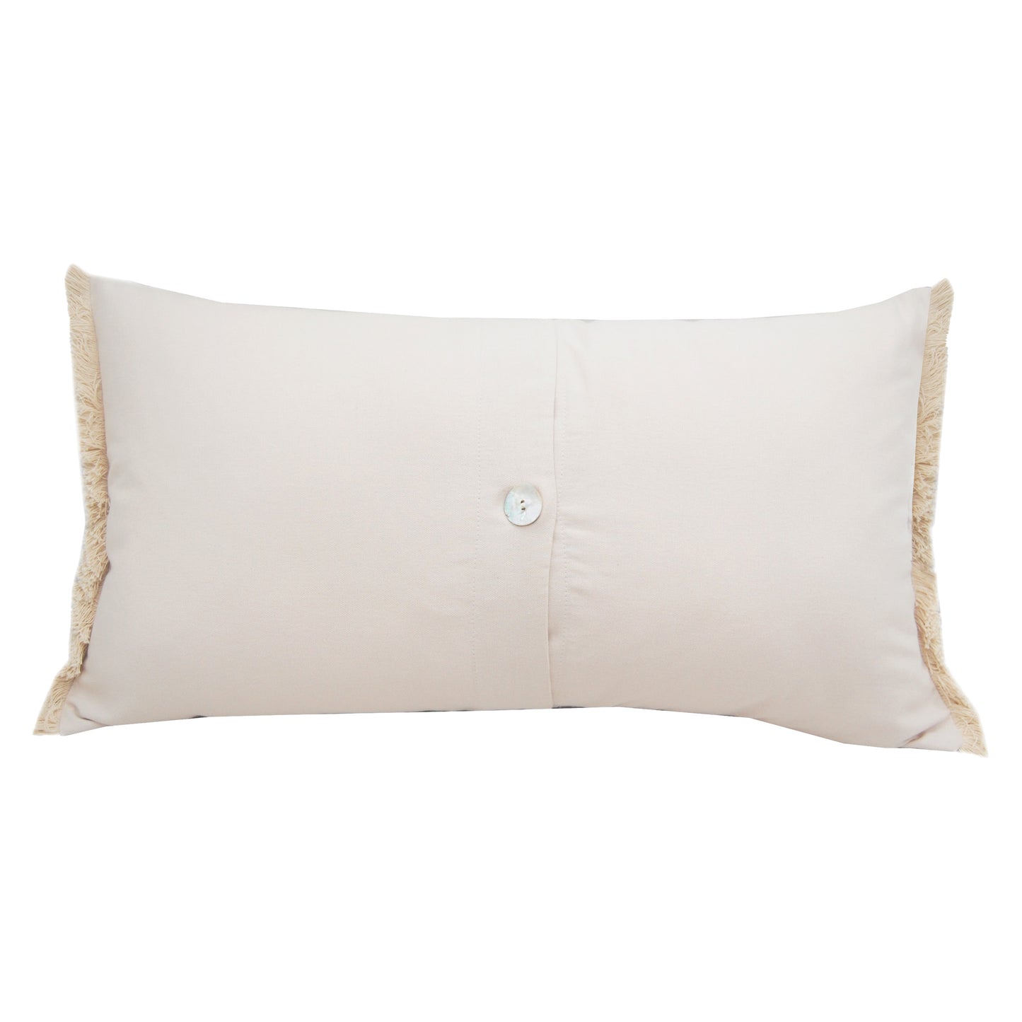 Back side of the Sand and Shells Fringed Lumbar Pillow. Pillow finished with fringed edges and button encloser. 