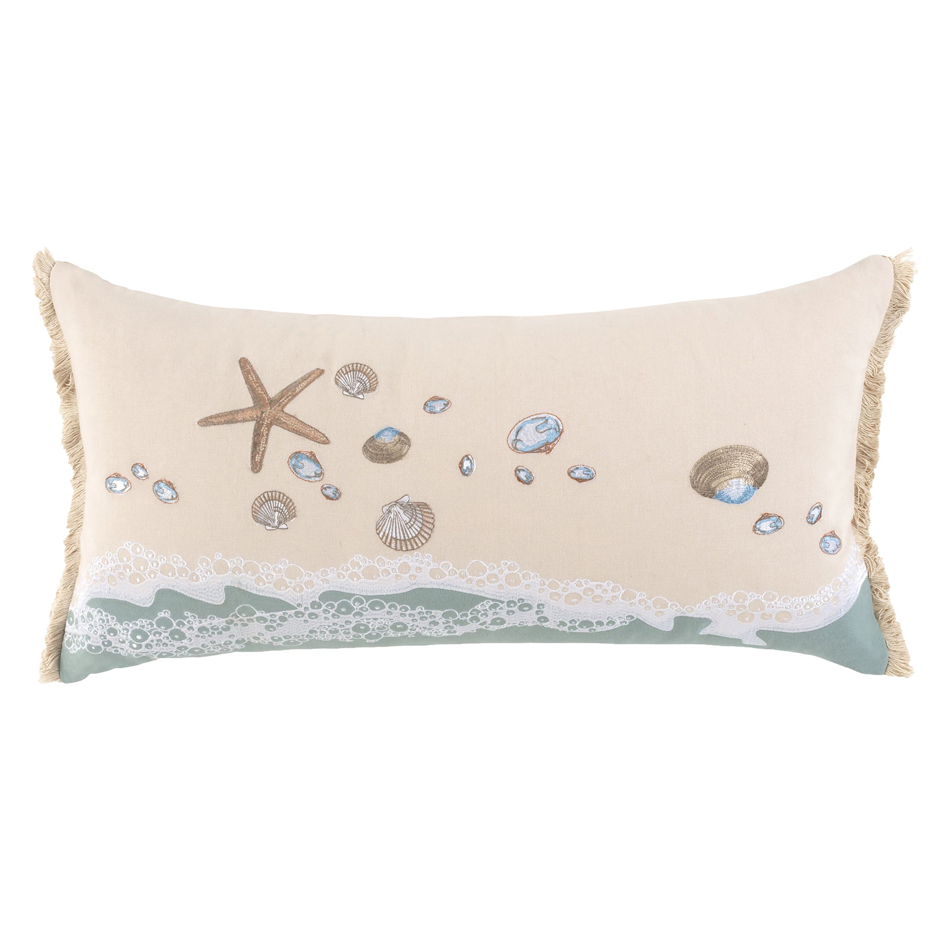 A sea star, scallop and clam shells, embroidered along the breaking shoreline. Pillow finished with fringe edges.