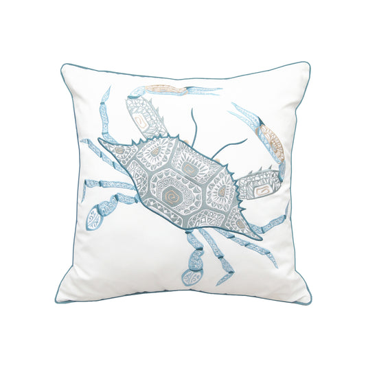 Large blue crab with tribal geometric patterns on its shell and pinchers embroidered on a white background. Pillow finished with blue piped edging.