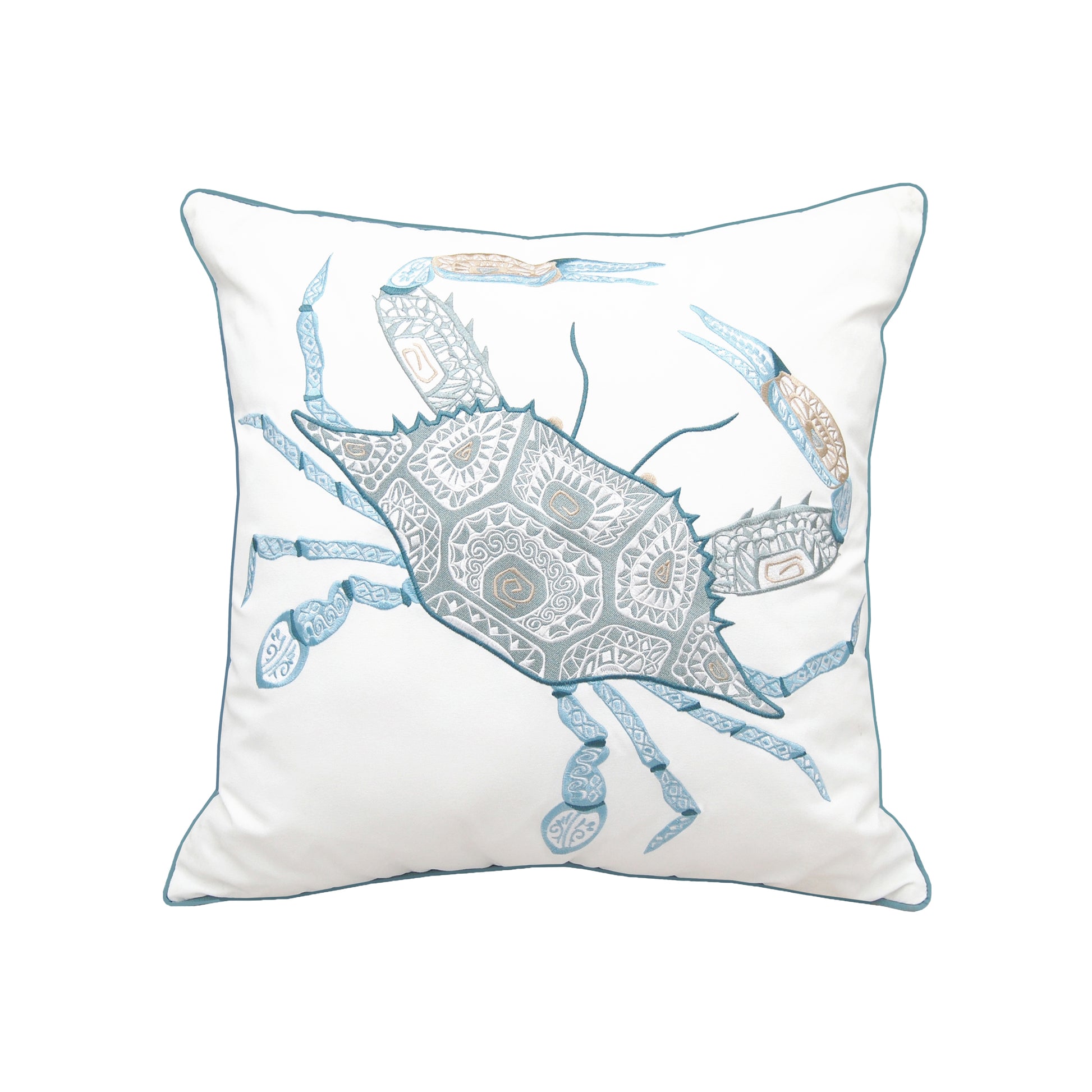 Large blue crab with tribal geometric patterns on its shell and pinchers embroidered on a white background. Pillow finished with blue piped edging.