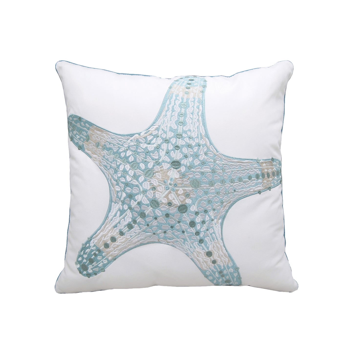 Large sea glass sea star embroidered on a white pillow.