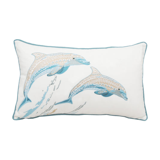 Two dolphins, featuring tribal geometric patterns,  jumping above the waves embroidered on a white background.