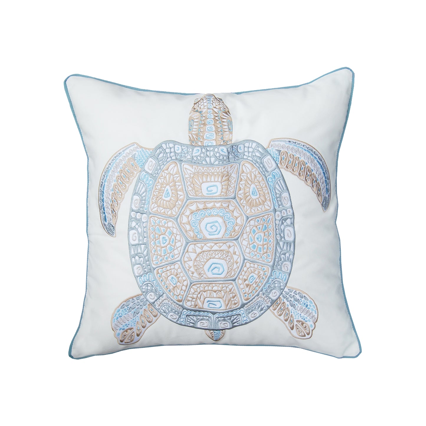 Large sea turtle featuring tribal geometric patterns embroidered on a white background. Pillow is finished with a blue piped edging.