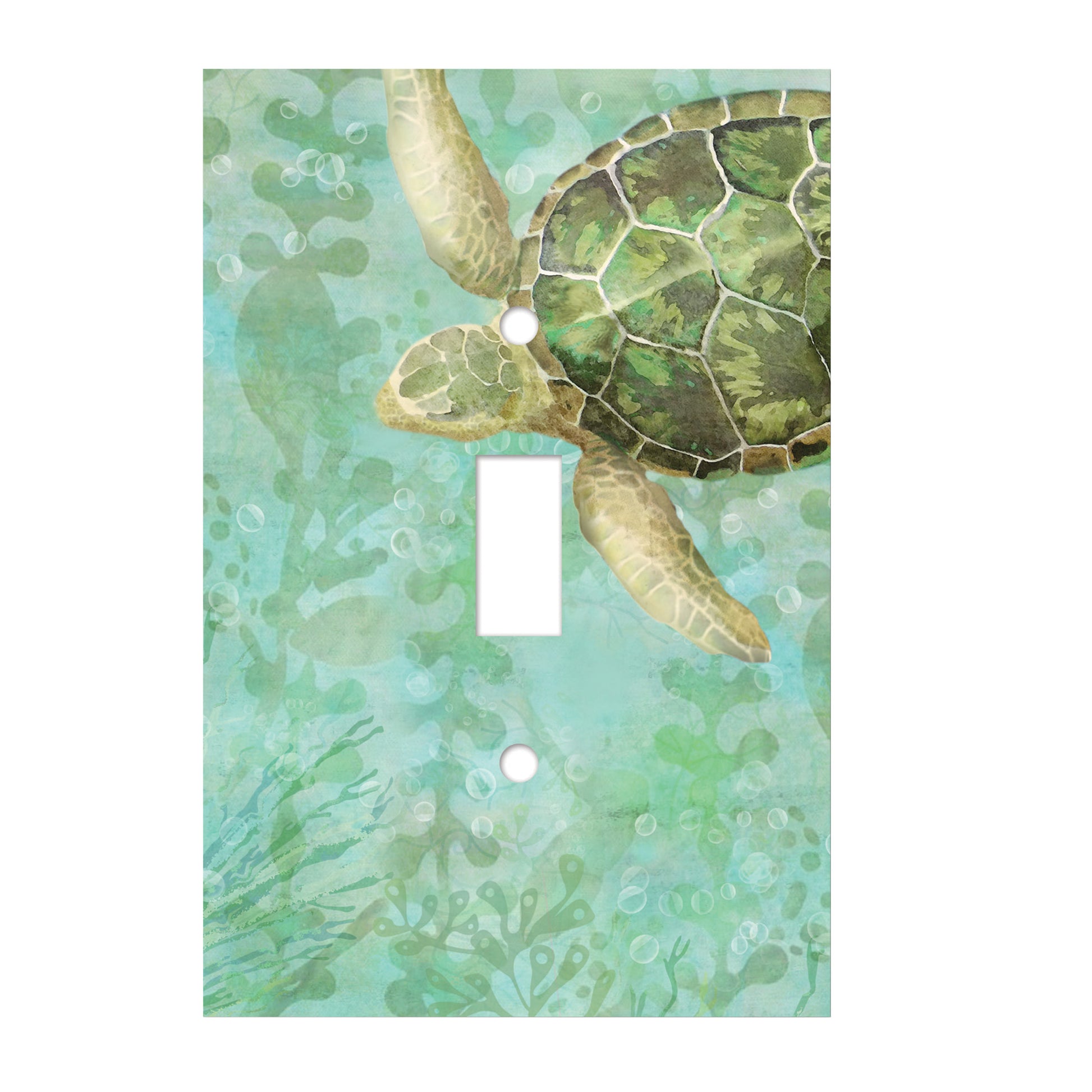 ceramic green single toggle switch plate featuring seaweed patterns and a green sea turtle swimming in from the top right corner.