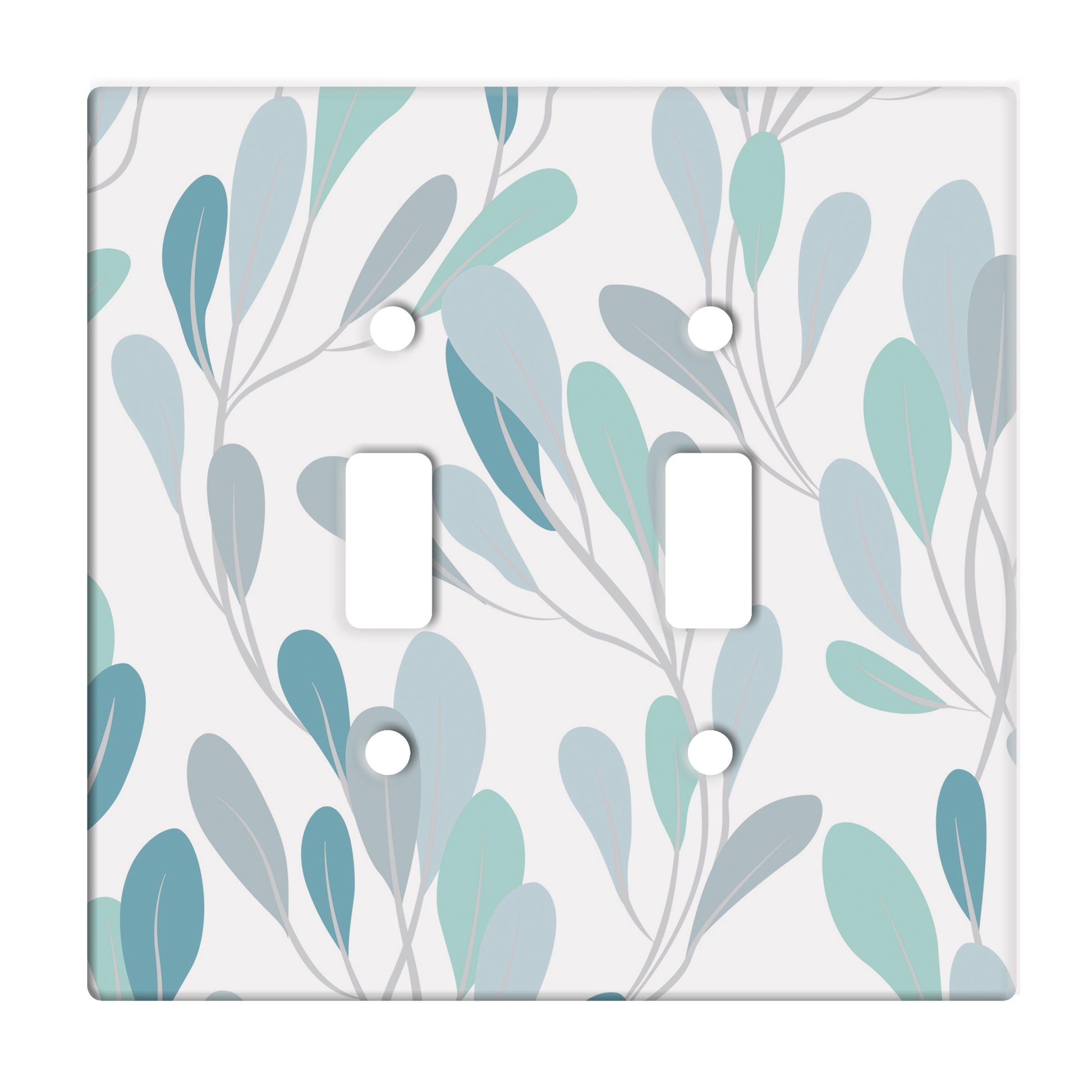 white double toggle ceramic switch plate featuring teal and blue sea vine graphic.
