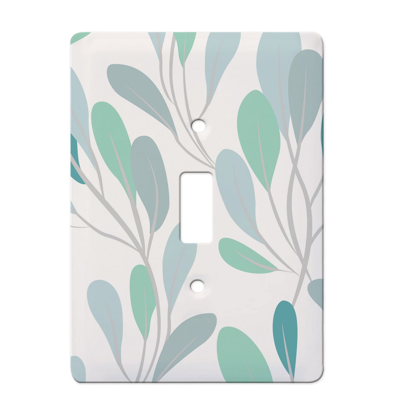 white single toggle ceramic switch plate featuring teal and blue sea vine graphic.