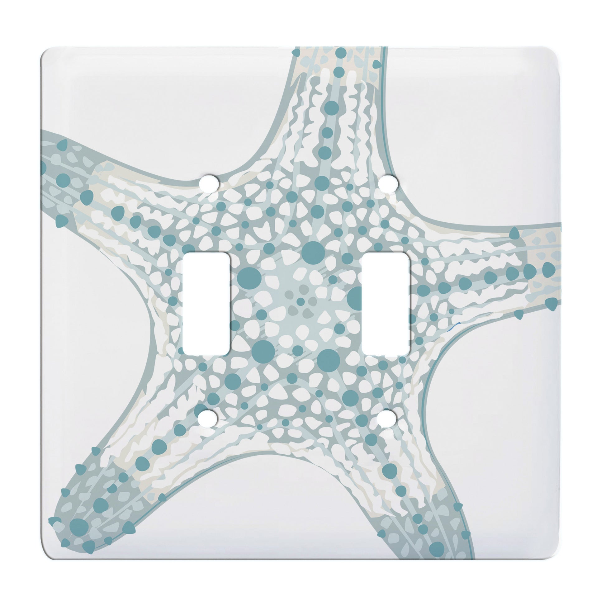 white ceramic double toggle switch plate featuring a teal sea star graphic.