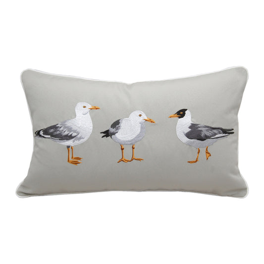 Three seagulls embroidered on a tan background creates the Seagull Flash Mob Lumbar Indoor Outdoor Pillow.