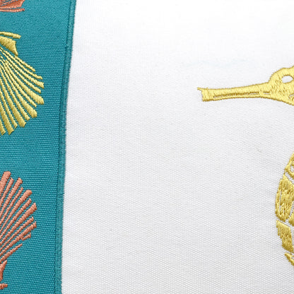 Detail shot of the Seahorse Pattern indoor outdoor pillow's embroidery work.