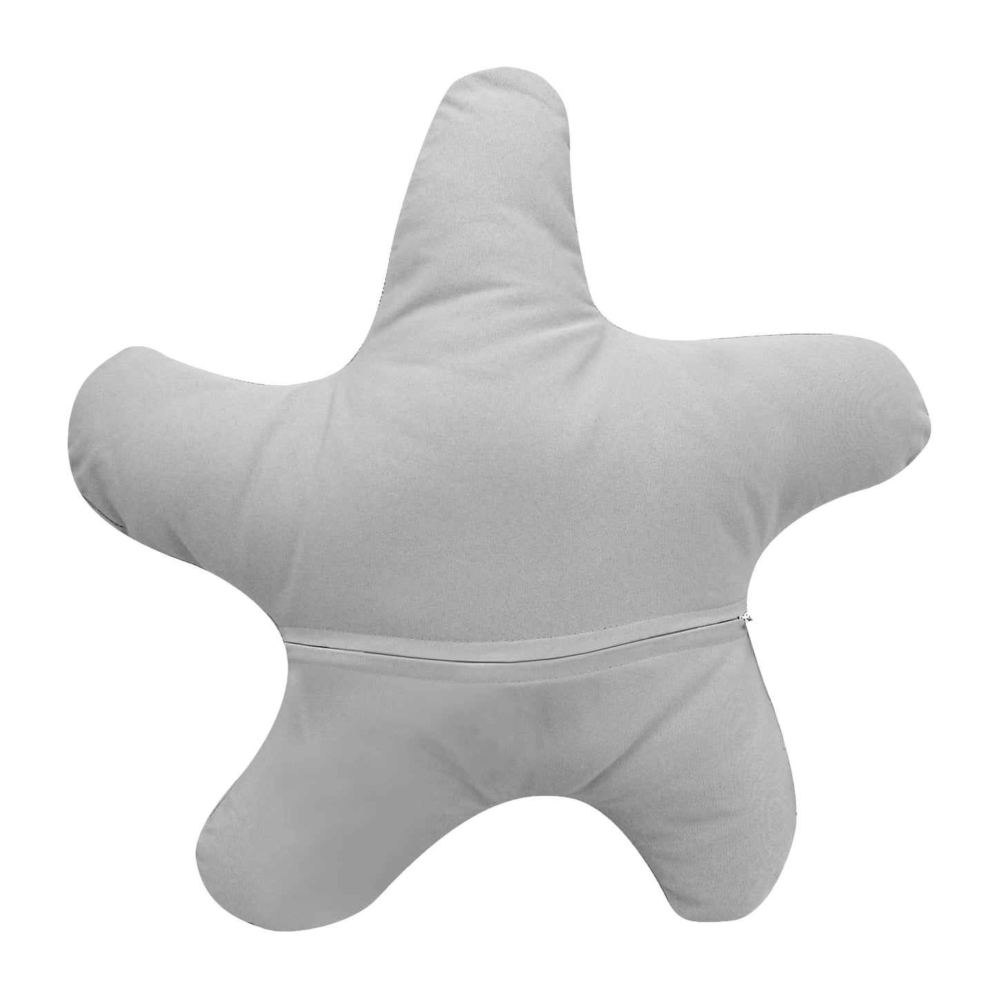 Solid silver fabric; back of the Silver Shaped Sea Star pillow with zipper enclosure.