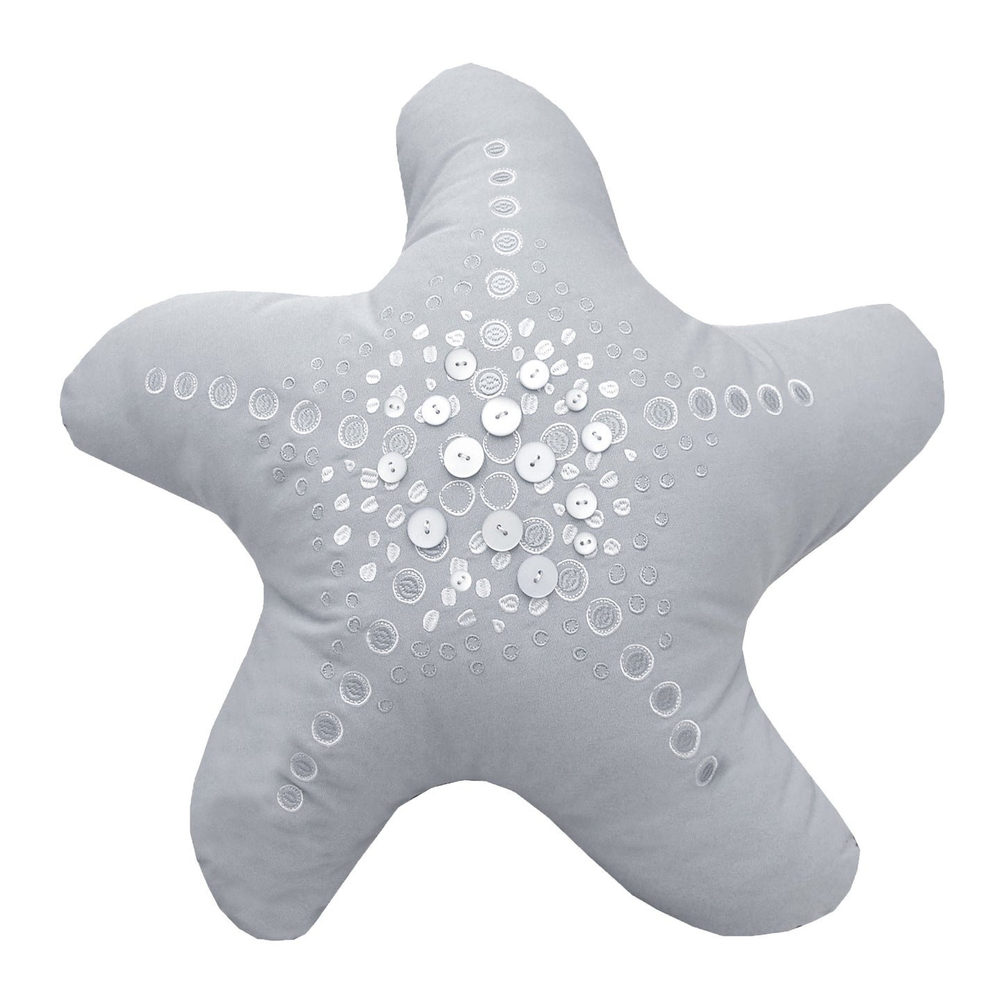Silver sea star shaped indoor outdoor pillow with embroidered and beaded accents.
