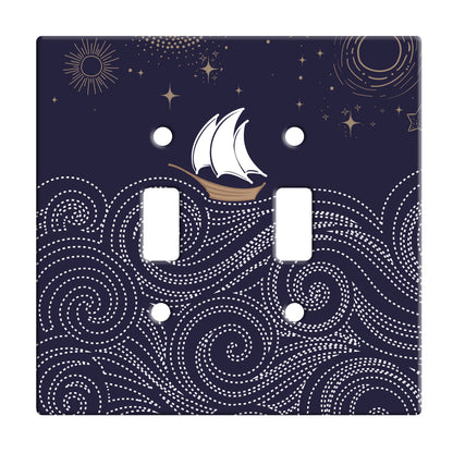 navy ceramic double toggle switch plate featuring a graphic of a ship on a rolling sea with gold stars above.