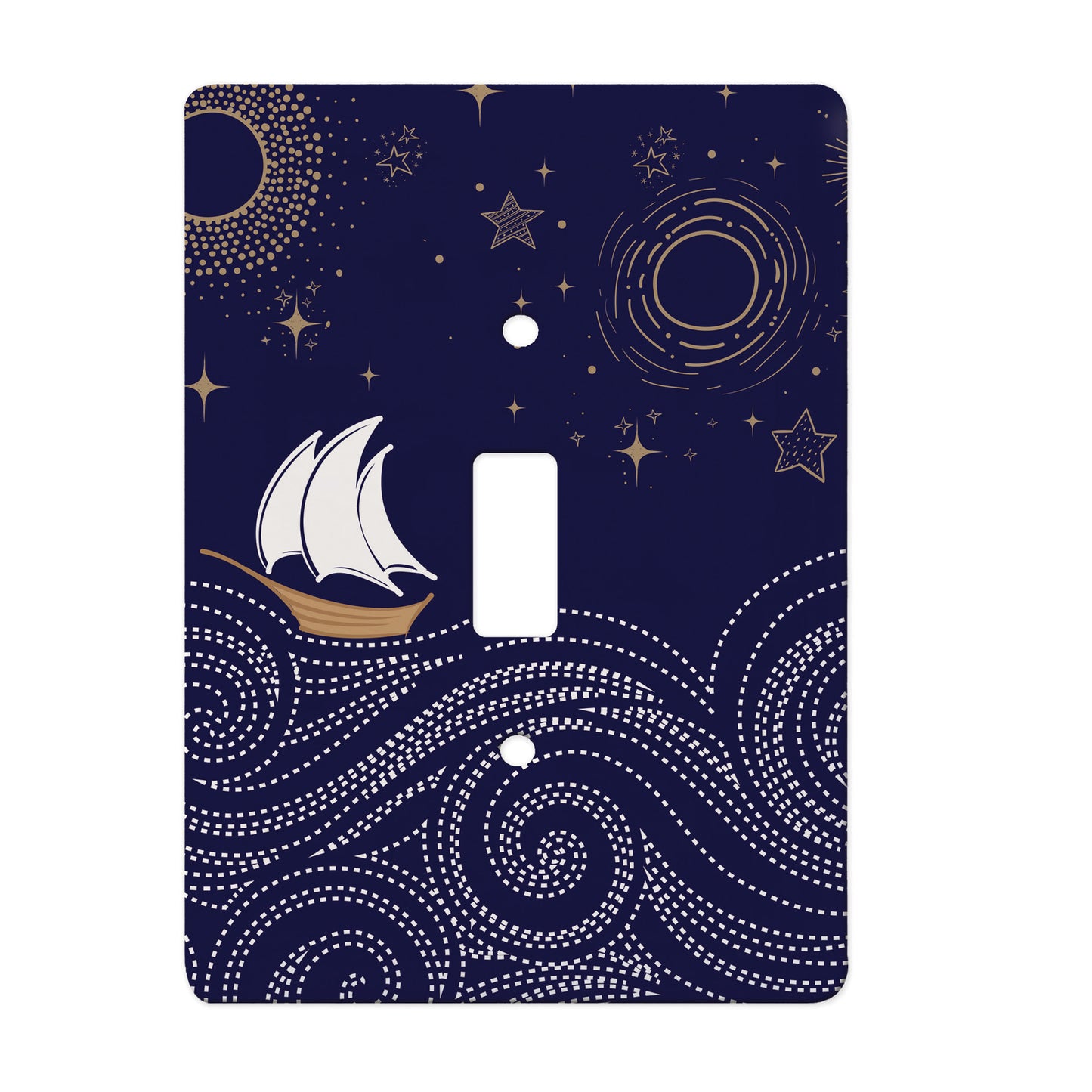 navy ceramic single toggle switch plate featuring a graphic of a ship on a rolling sea with gold stars above.