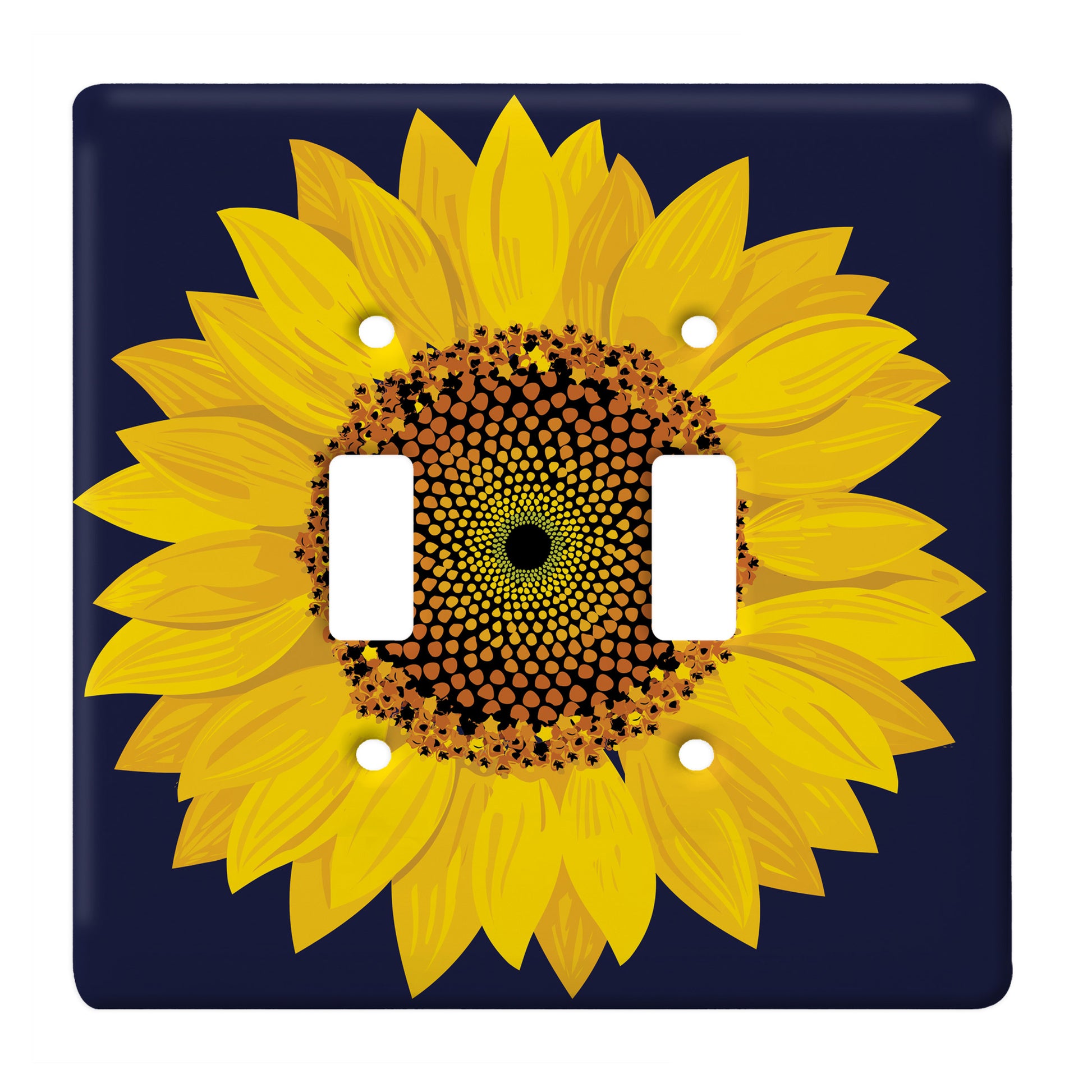 navy ceramic double toggle switch plate featuring a yellow sunflower.
