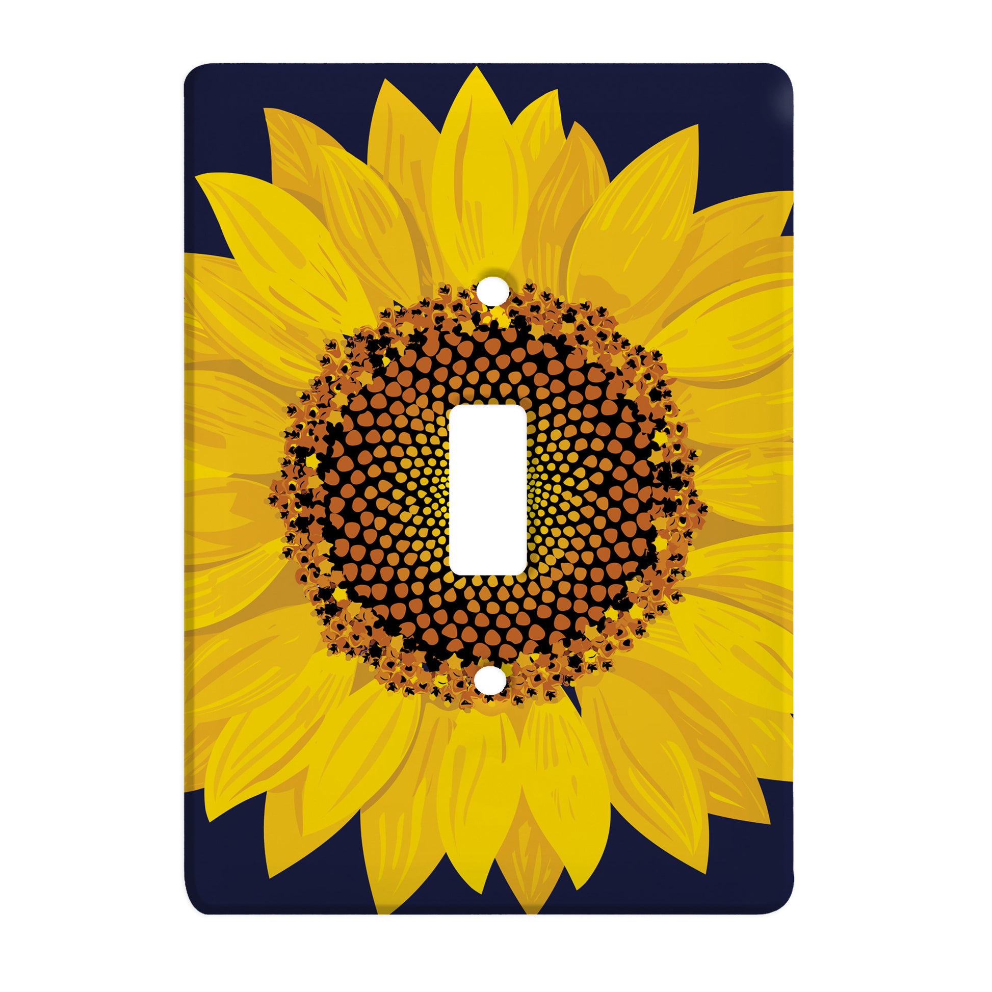 navy ceramic single toggle switch plate featuring a yellow sunflower. 