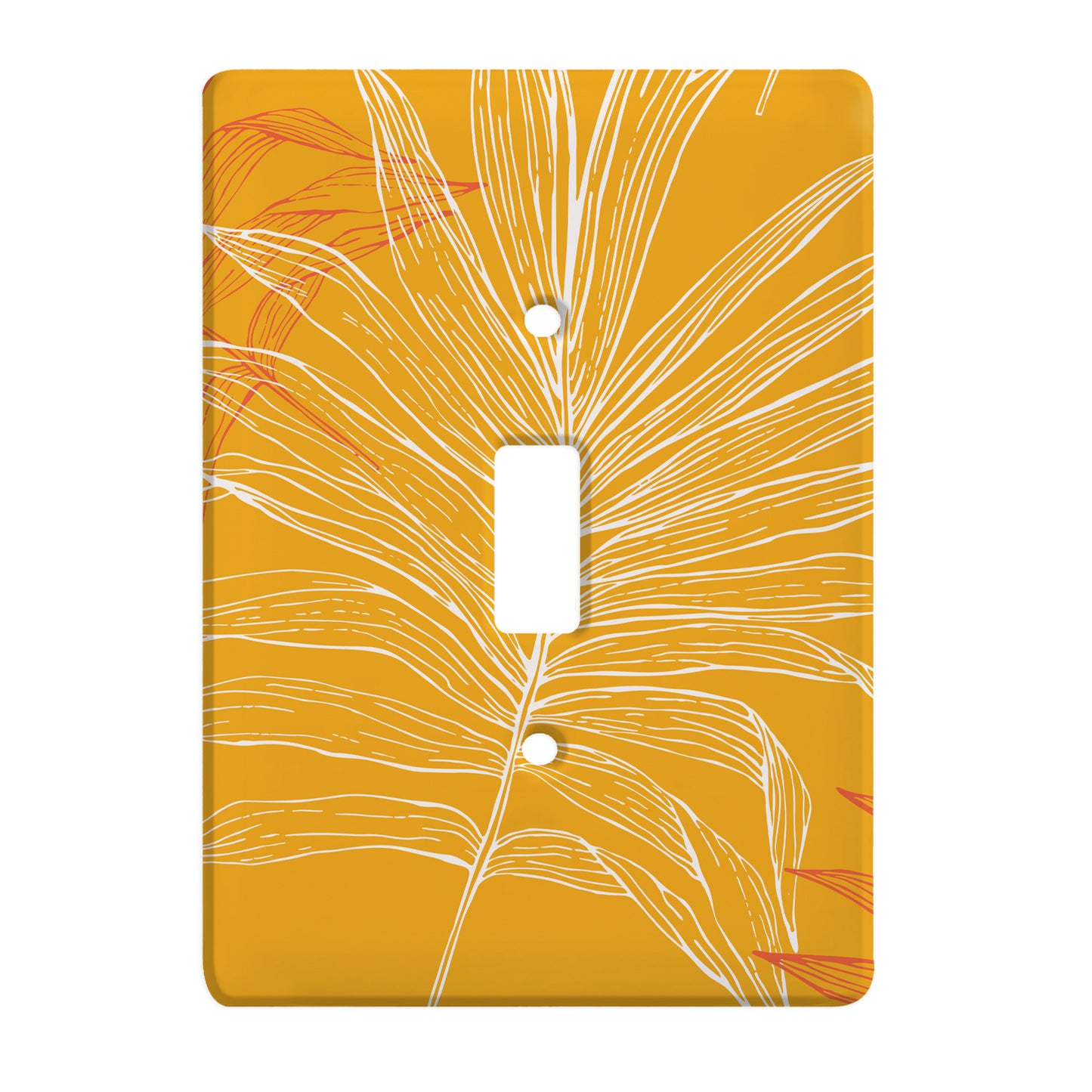 orange ceramic single toggle switch plate featuring white and deeper orange graphics of palm leaves.