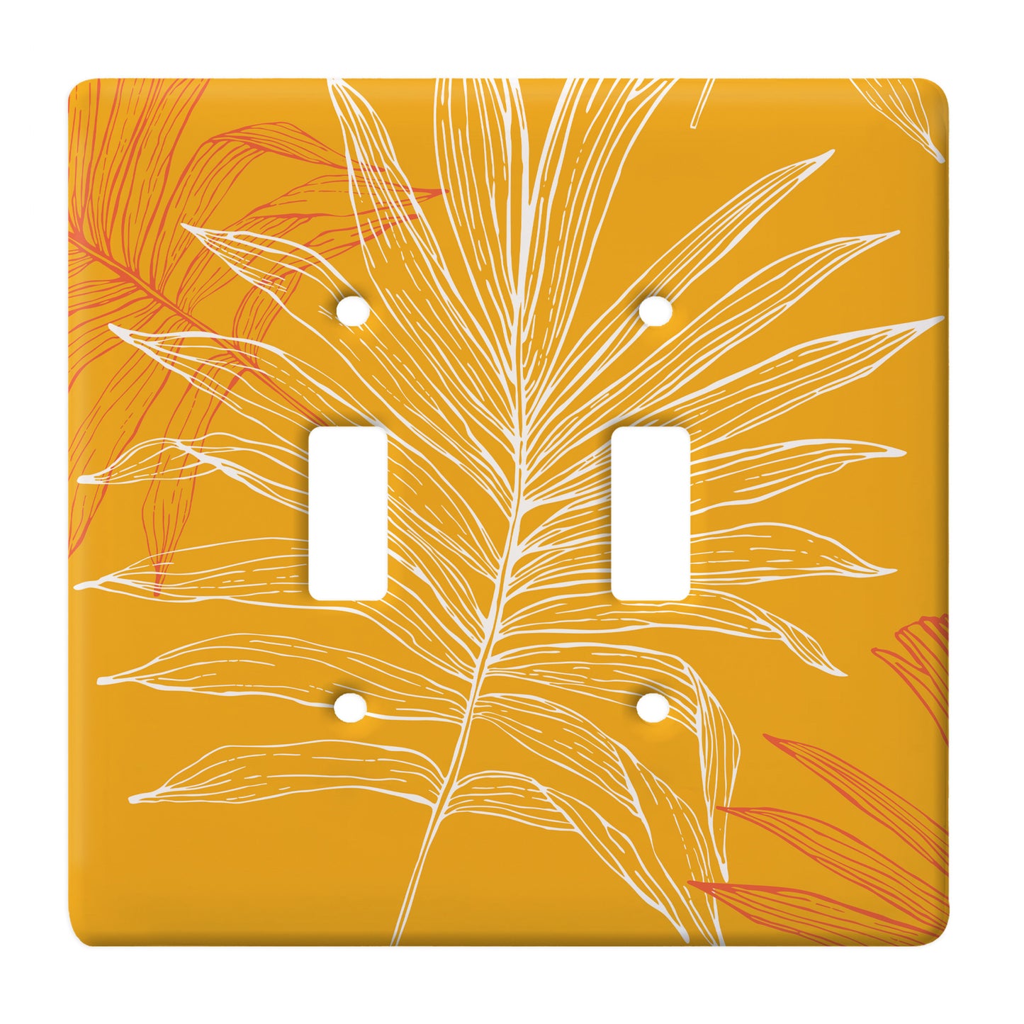 orange ceramic double toggle switch plate featuring white and deeper orange graphics of palm leaves.