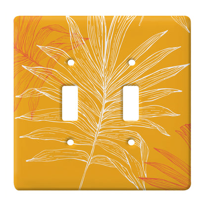 orange ceramic double toggle switch plate featuring white and deeper orange graphics of palm leaves.