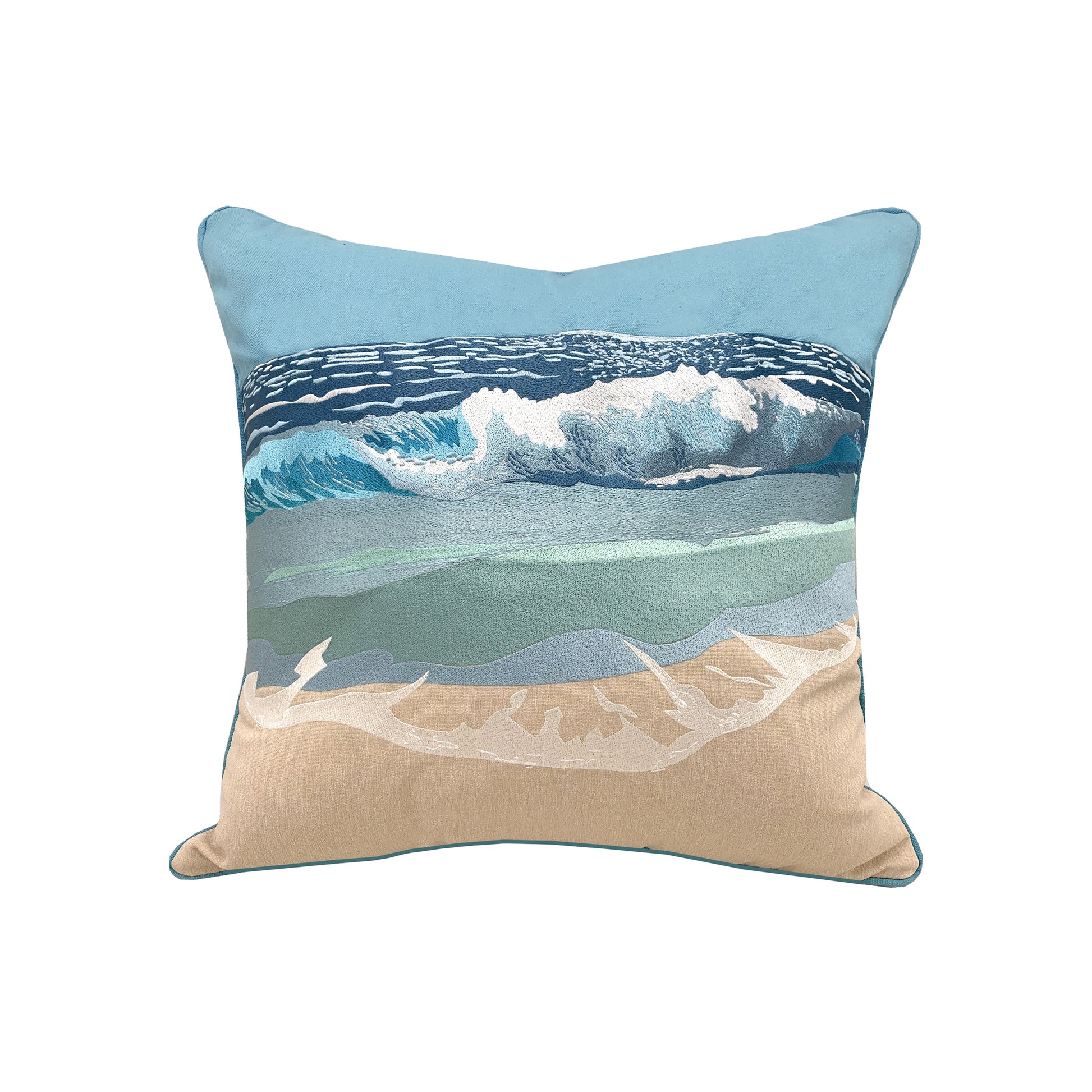 Embroidered wave breaking upon the shoreline creates the Surf Breaker Indoor Outdoor pillow.