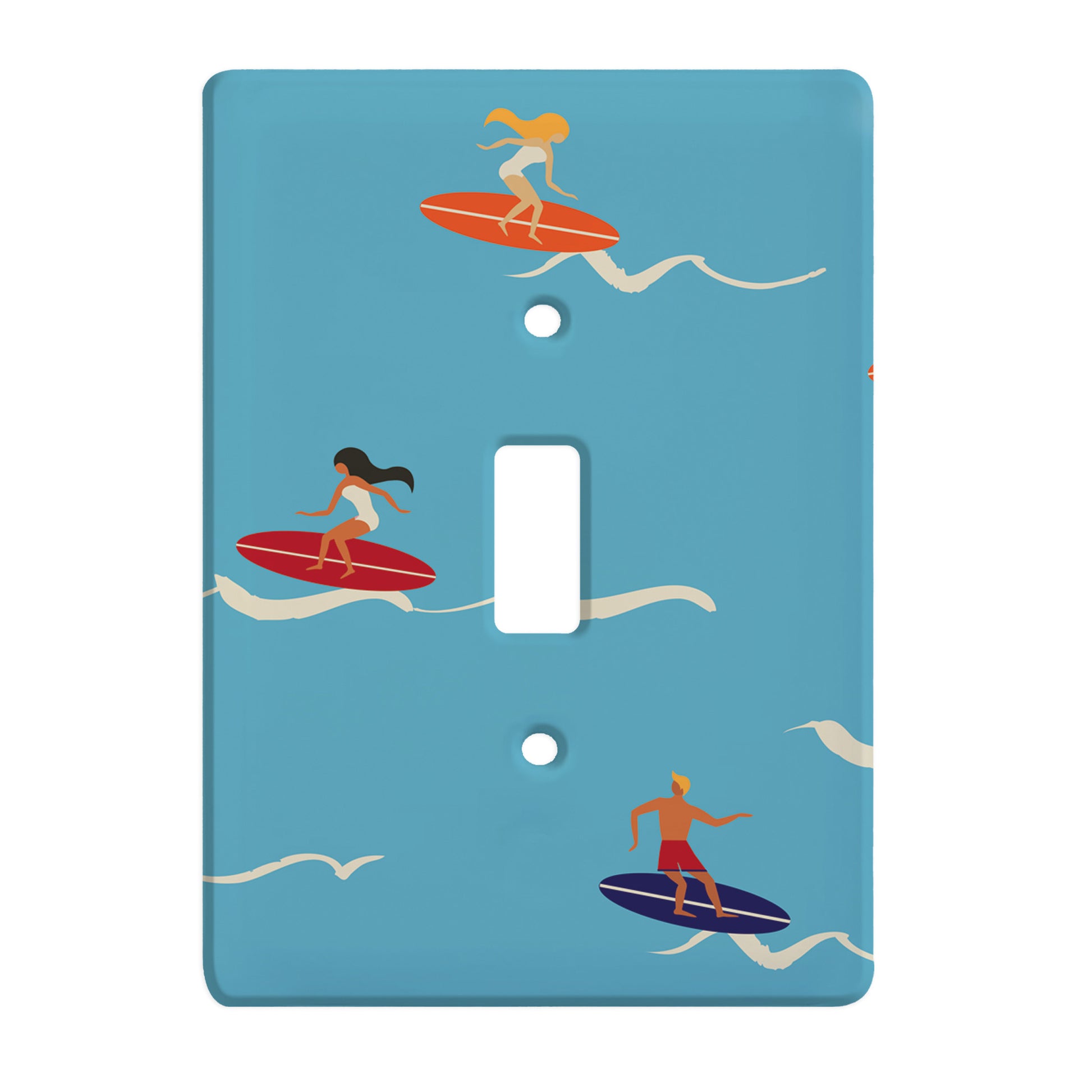 blue ceramic single toggle switch plate a graphic of 3 surfers.