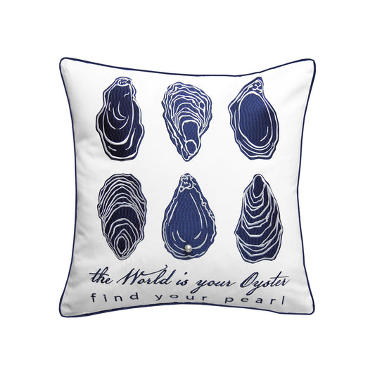 Six oysters and the saying "The world is your oyster. Find your pearl" embroidered in navy blue on white background.