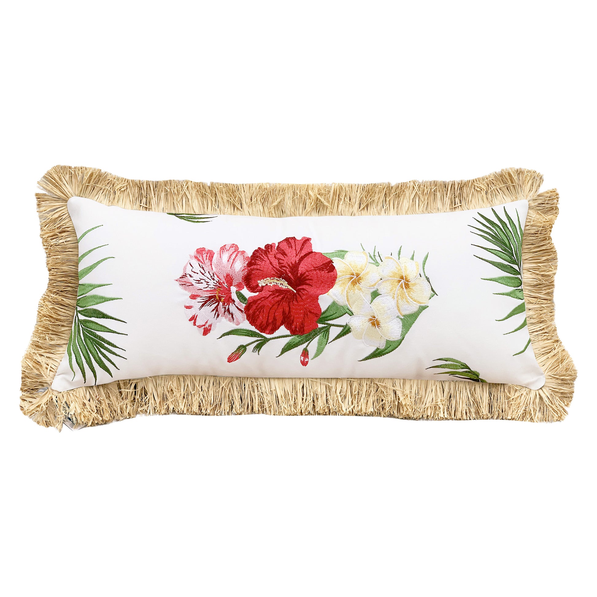 Pink hibiscus and white plumeria flowers embroidered on a white background. Tropical palm leaves frame the pillow in the corners; finished with natural colored fringe that mimics hula skirts.