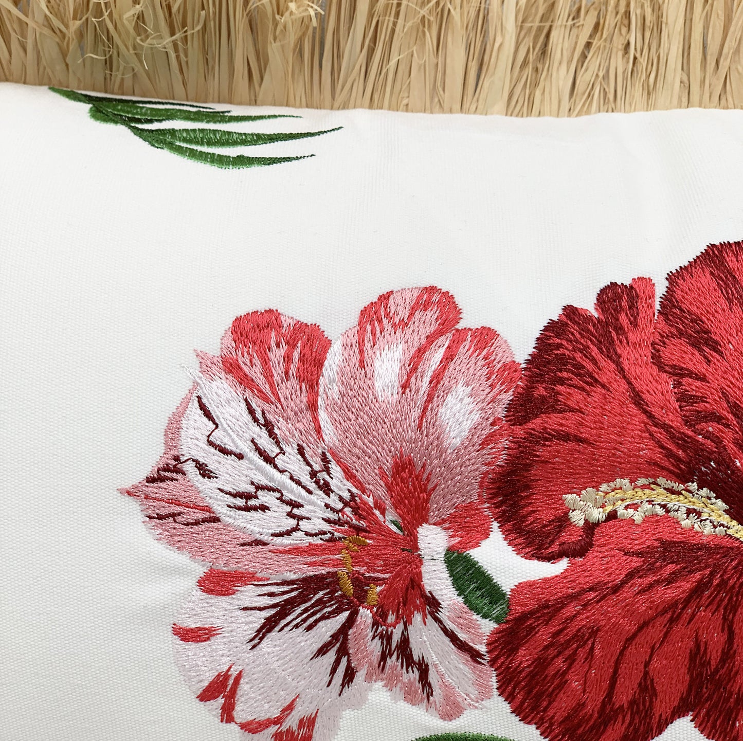 Detail shot of the Tiki Floral with Fridge pillow.