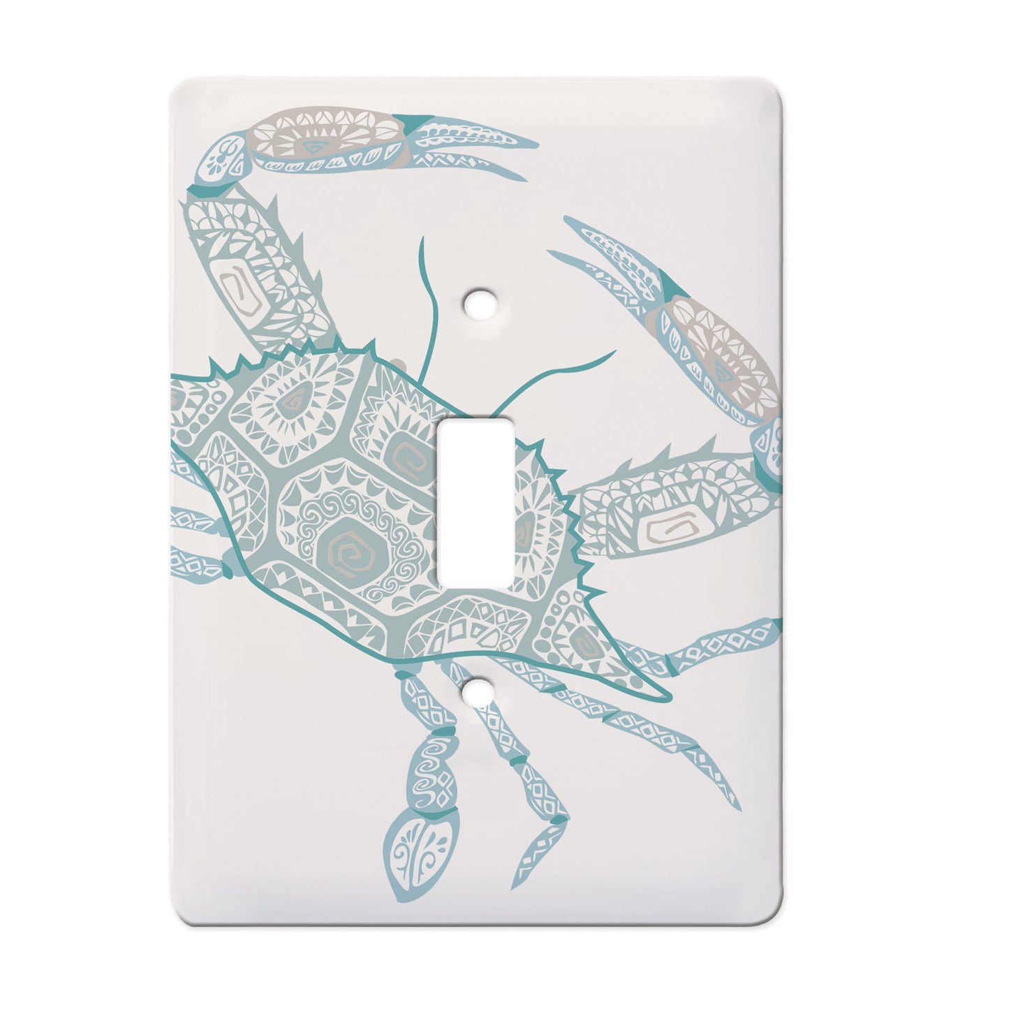 white ceramic single toggle switch plate featuring a graphic of a teal crab.