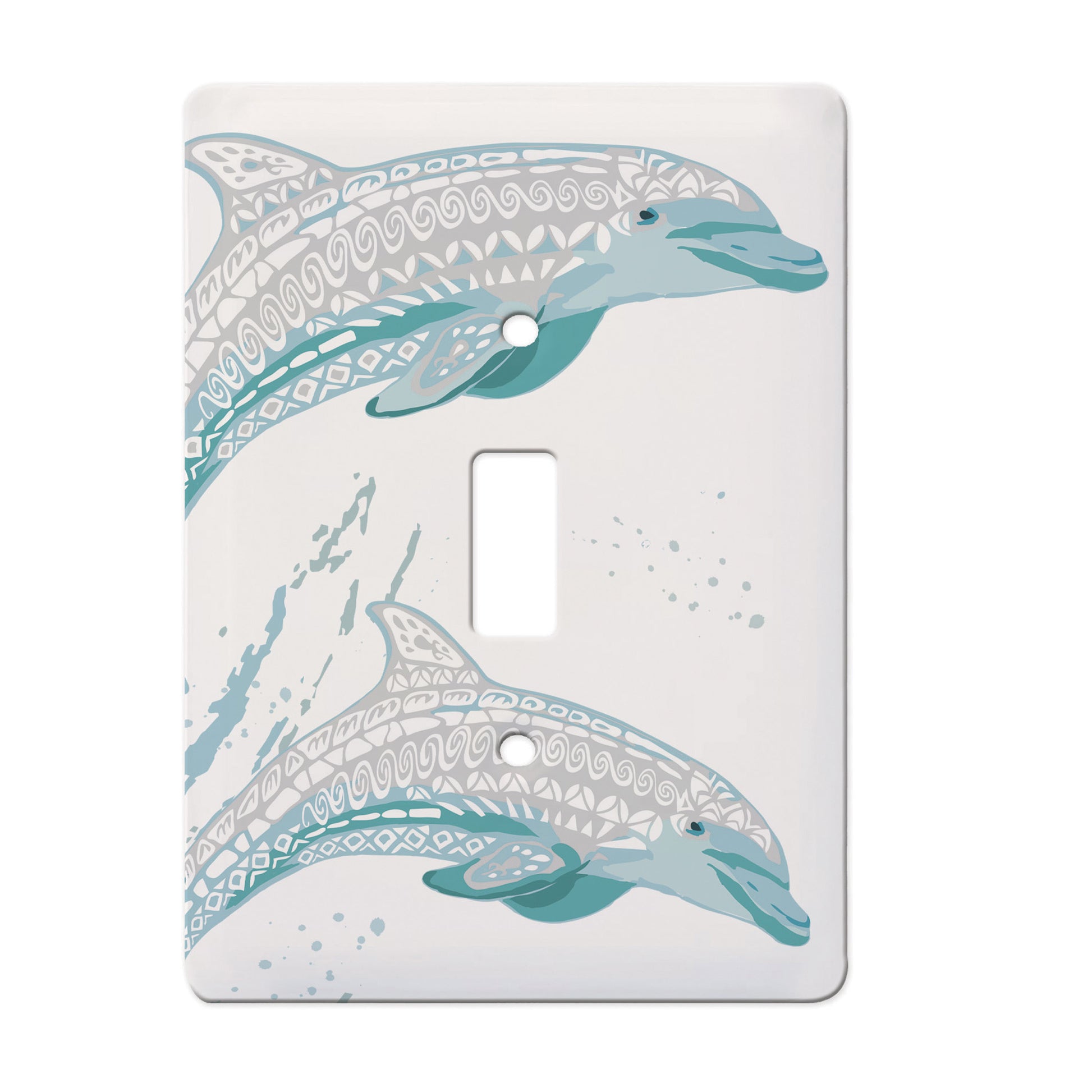 white ceramic single toggle switch plate featuring two teal dolphins.