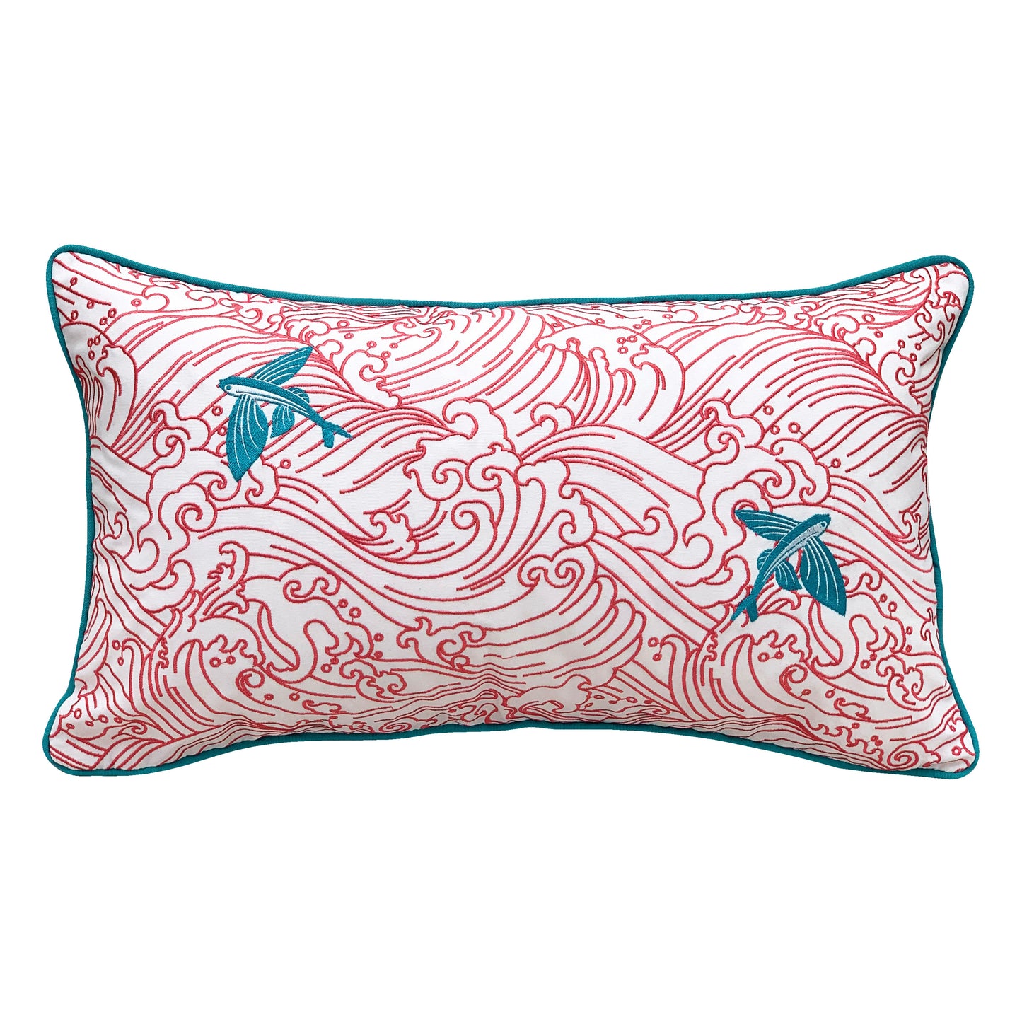 Embroidered coral lines swirl together to create whimsical waves on a white background. Two blue flying fish jump from the waves; the pillow is finished with blue piped edging.